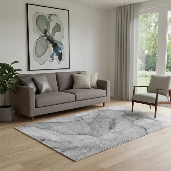 HomeRoots 5' X 8' Gray and Ivory Abstract Washable Area Rug – UV Protected, Stain-Resistant, Modern Design 651102
