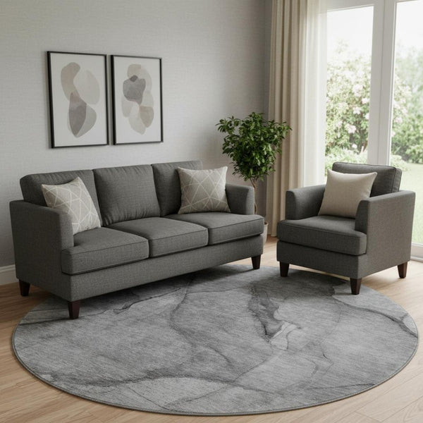 HomeRoots 8' Gray and Ivory Abstract Round Rug - Washable, UV Protected, Durable Design for Busy Homes 651103