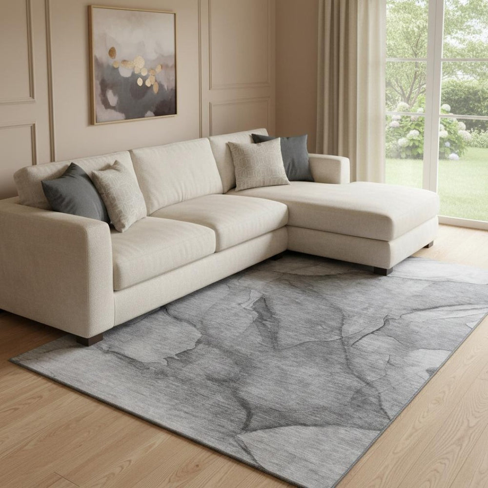 HomeRoots 9' X 12' Gray And Ivory Abstract Washable Area Rug - Durable, UV Protected, Perfect for High-Traffic Spaces 651105