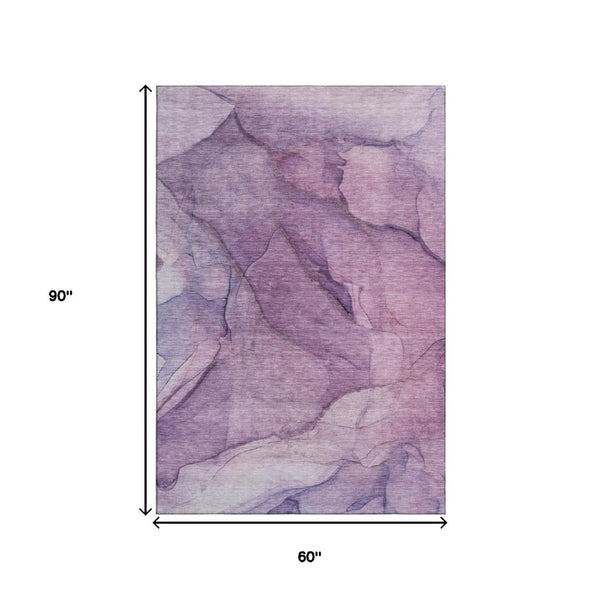 HomeRoots 5' X 8' Contemporary Purple & Ivory Abstract Washable Area Rug with UV Protection for High Traffic Spaces 651108