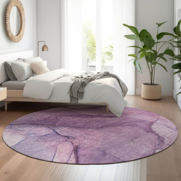 HomeRoots 8' Purple and Ivory Abstract Round Rug - Durable, Washable, UV Protected for High-Traffic Areas 651109
