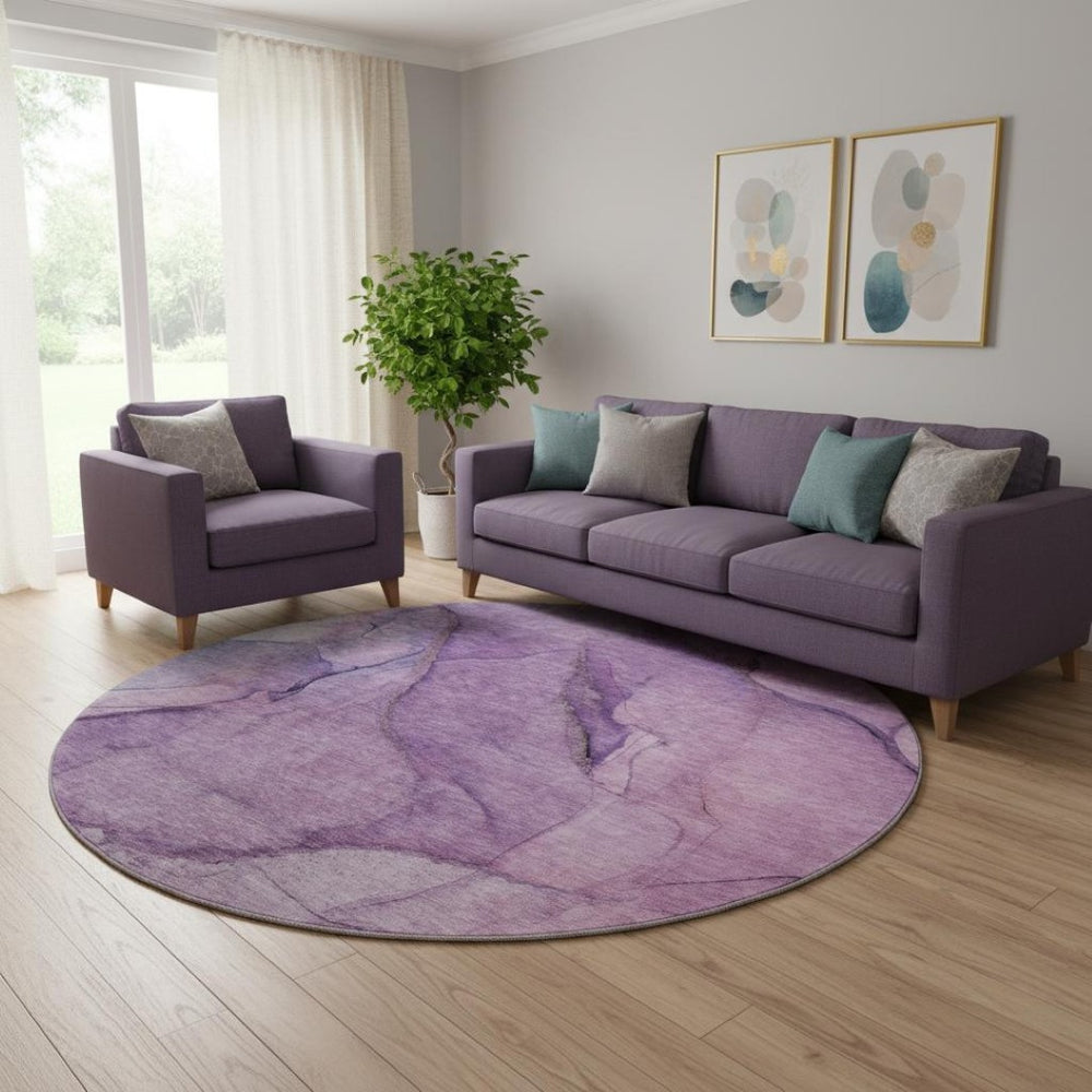HomeRoots 8' Purple and Ivory Abstract Round Rug - Durable, Washable, UV Protected for High-Traffic Areas 651109