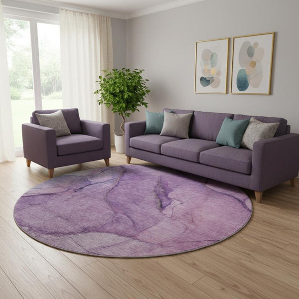 HomeRoots 8' Purple and Ivory Abstract Round Rug - Durable, Washable, UV Protected for High-Traffic Areas 651109