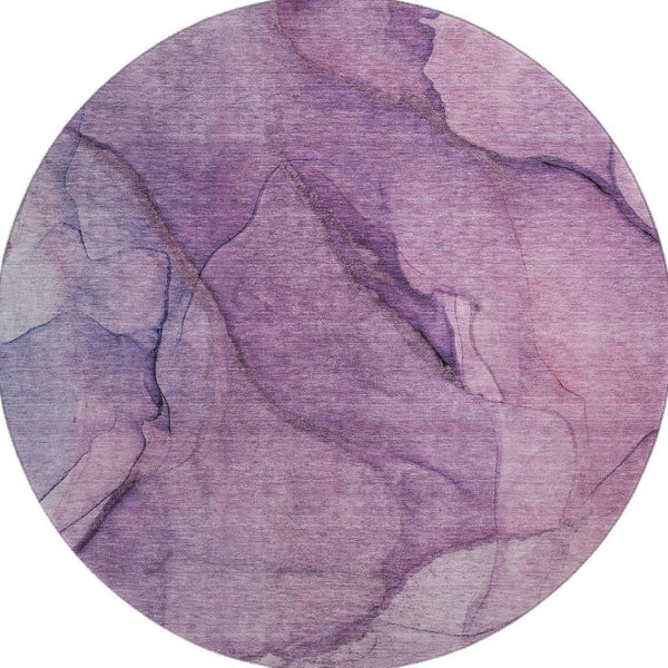 HomeRoots 8' Purple and Ivory Abstract Round Rug - Durable, Washable, UV Protected for High-Traffic Areas 651109