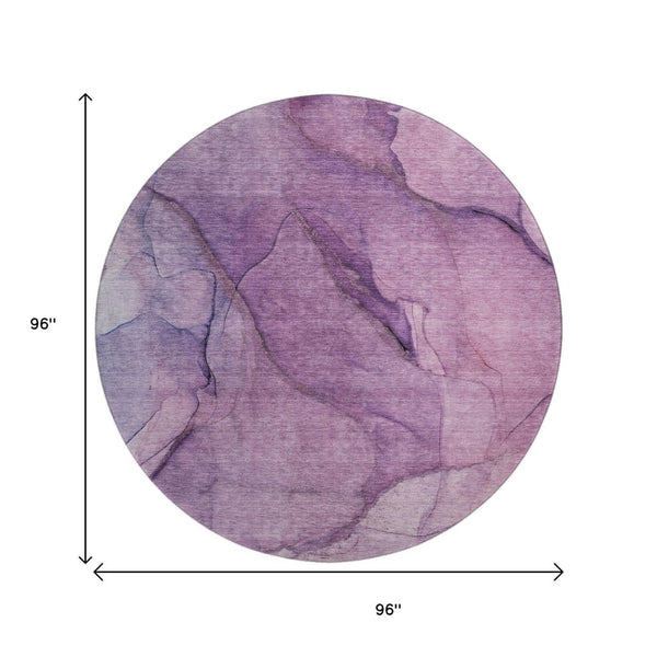 HomeRoots 8' Purple and Ivory Abstract Round Rug - Durable, Washable, UV Protected for High-Traffic Areas 651109