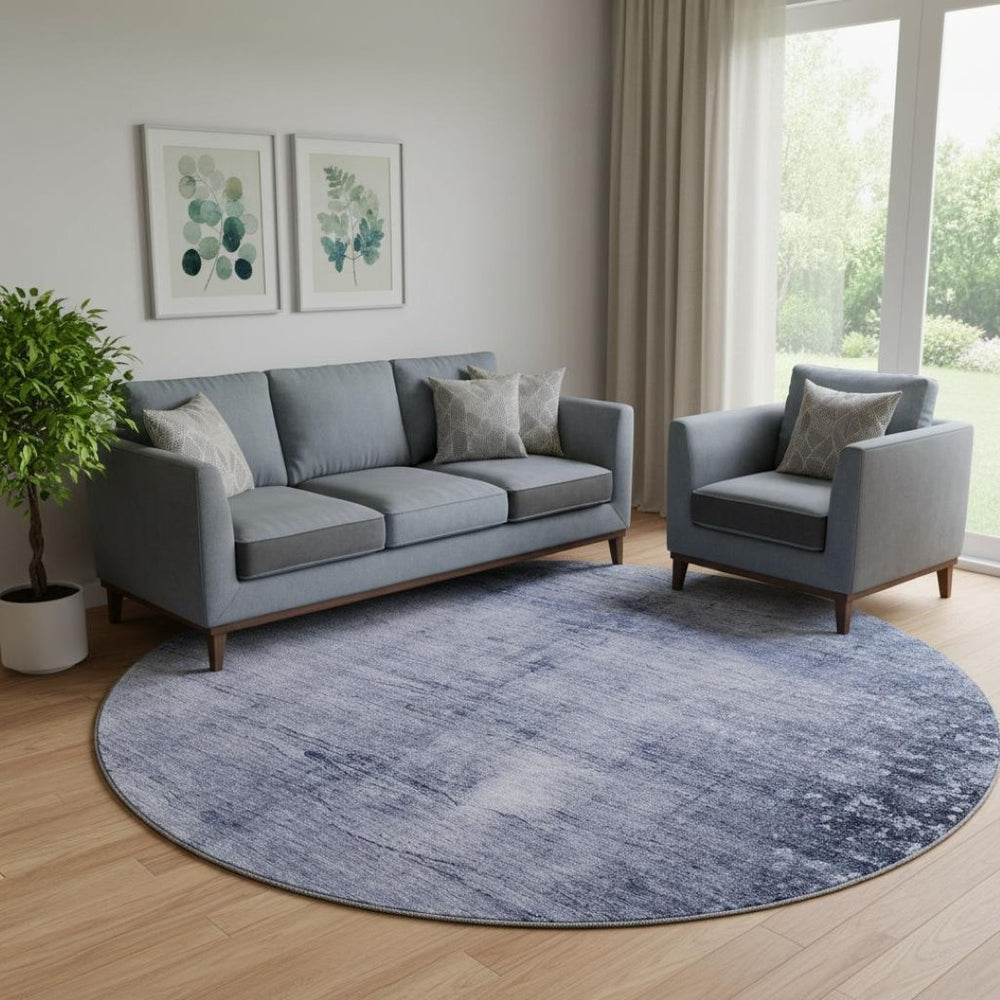 HomeRoots 8' Navy Blue Abstract Round Rug - Washable, UV Protected, Durable Design for High-Traffic Areas 651115