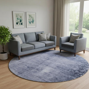 HomeRoots 8' Navy Blue Abstract Round Rug - Washable, UV Protected, Durable Design for High-Traffic Areas 651115