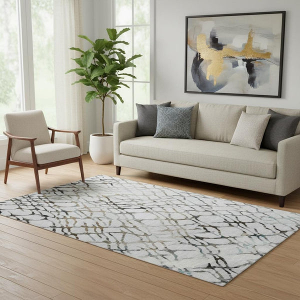 HomeRoots 5' X 8' Abstract Washable Area Rug in Silver Gray & Brown - Durable, UV Protected, Easy Care! 651126