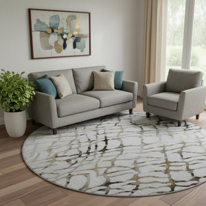 HomeRoots 8' Silver Gray and Brown Abstract Washable Round Rug - Durable, UV-Protected Style for High Traffic Areas 651127