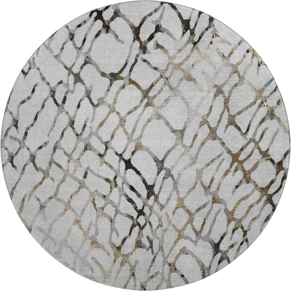 HomeRoots 8' Silver Gray and Brown Abstract Washable Round Rug - Durable, UV-Protected Style for High Traffic Areas 651127