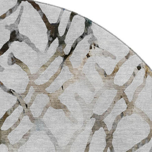 HomeRoots 8' Silver Gray and Brown Abstract Washable Round Rug - Durable, UV-Protected Style for High Traffic Areas 651127