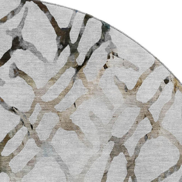 HomeRoots 8' Silver Gray and Brown Abstract Washable Round Rug - Durable, UV-Protected Style for High Traffic Areas 651127