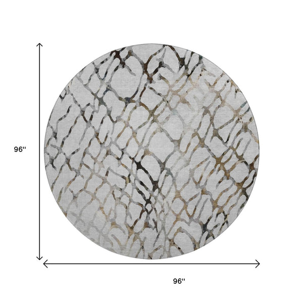 HomeRoots 8' Silver Gray and Brown Abstract Washable Round Rug - Durable, UV-Protected Style for High Traffic Areas 651127
