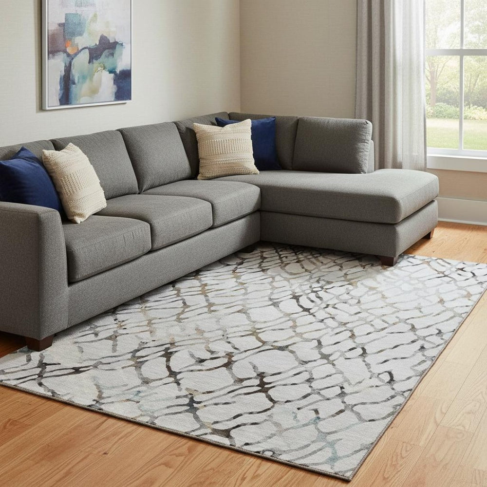 HomeRoots 8' X 10' Washable Abstract Area Rug in Silver Gray & Brown - UV Protection for Modern Homes 651128