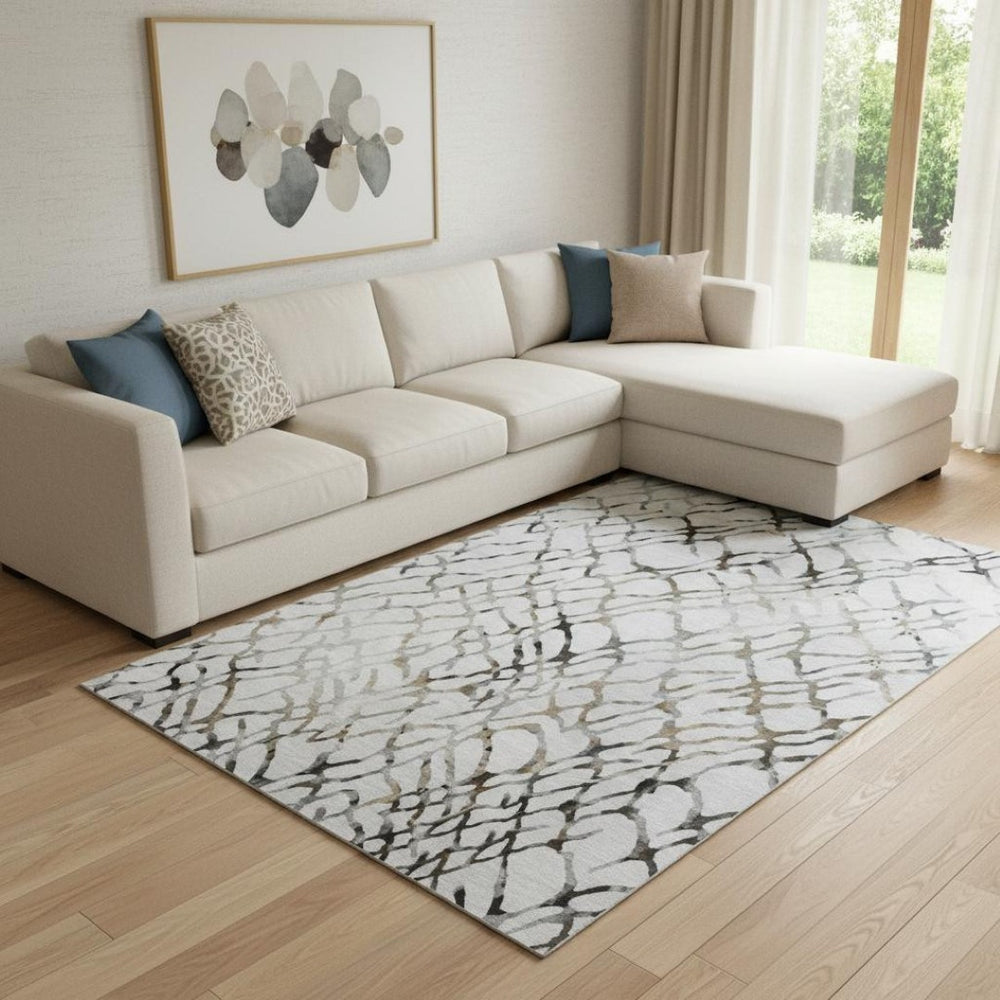 HomeRoots 9' X 12' Abstract Washable Area Rug in Silver Gray & Brown – Durable, UV-Protected Design for Homes 651129