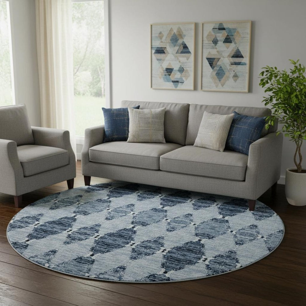 HomeRoots 8' Blue And Ivory Moroccan Round Rug - Washable, UV Protected, Stain Resistant for Busy Homes 651133