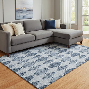 HomeRoots 9' X 12' Blue and Ivory Moroccan Area Rug - Washable, Stain-Resistant, UV Protected for Style & Durability! 651135