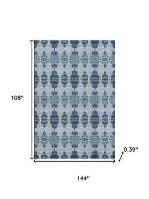 HomeRoots 9' X 12' Blue and Ivory Moroccan Area Rug - Washable, Stain-Resistant, UV Protected for Style & Durability! 651135