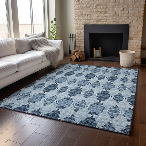 HomeRoots 9' X 12' Blue and Ivory Moroccan Area Rug - Washable, Stain-Resistant, UV Protected for Style & Durability! 651135