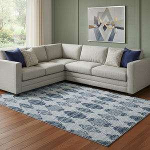HomeRoots 10' Blue and Ivory Moroccan Area Rug - Washable, UV Protected, Stain Resistant for Busy Homes 651136