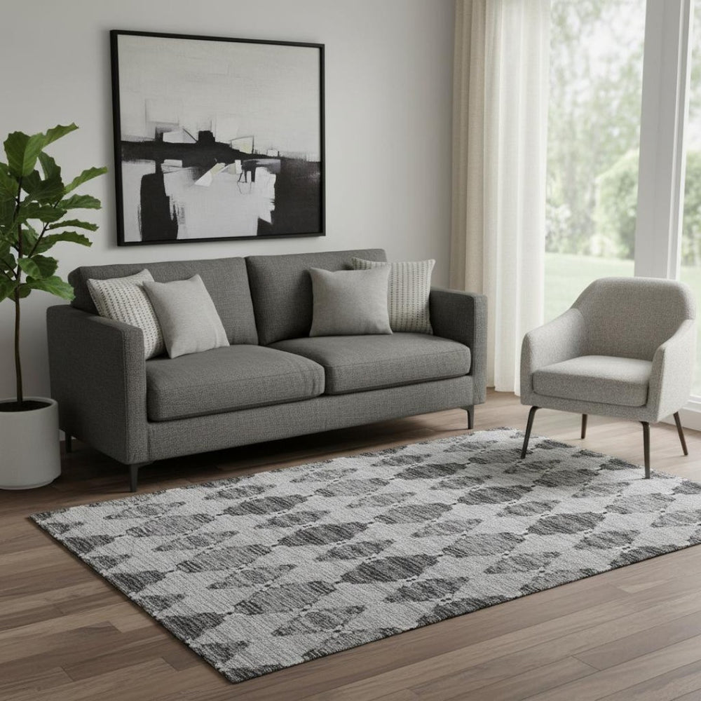 HomeRoots 5' X 8' Gray and Ivory Moroccan Washable Area Rug with UV Protection for Modern Homes and Families 651144