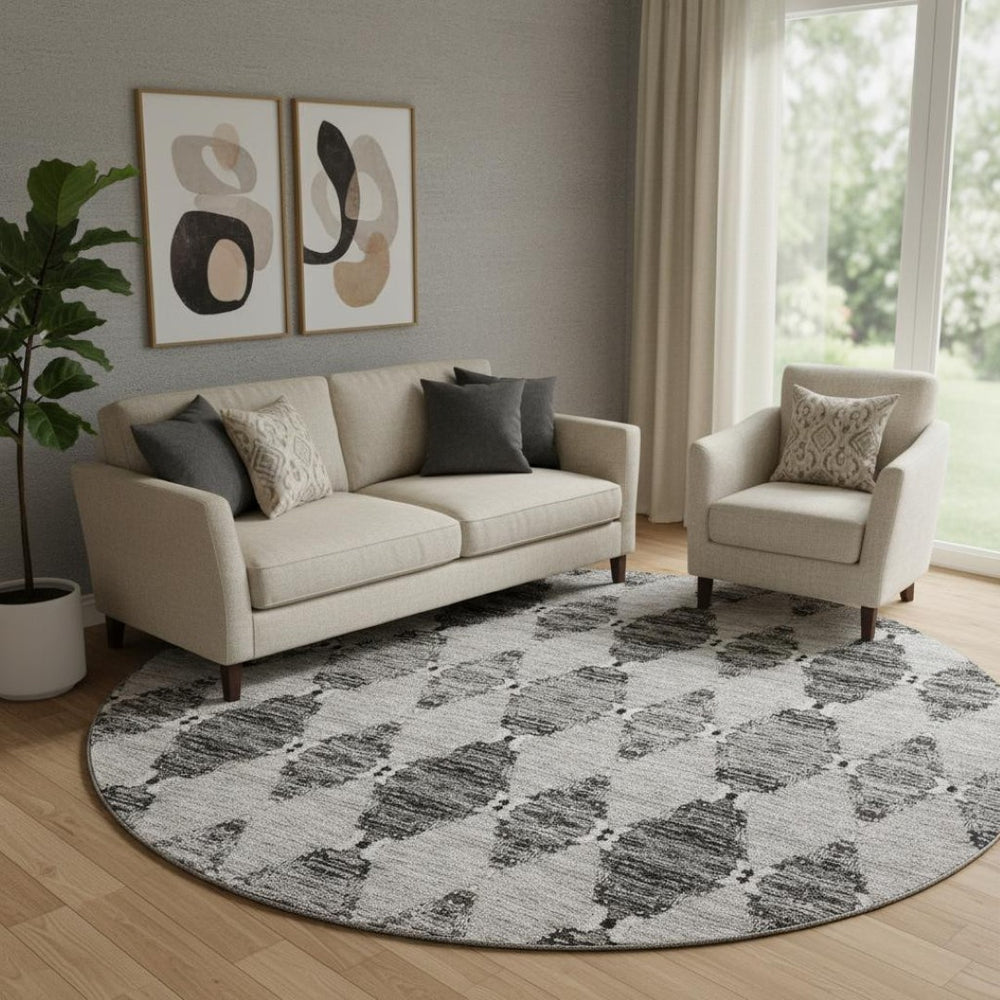 HomeRoots 8' Gray and Ivory Moroccan Round Rug - Washable, UV Protected, Stain Resistant for Busy Homes 651145