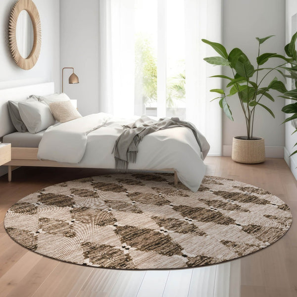 HomeRoots 8' Coffee & Ivory Moroccan Round Rug – UV Protected, Stain-Resistant for Family-Friendly Spaces 651151