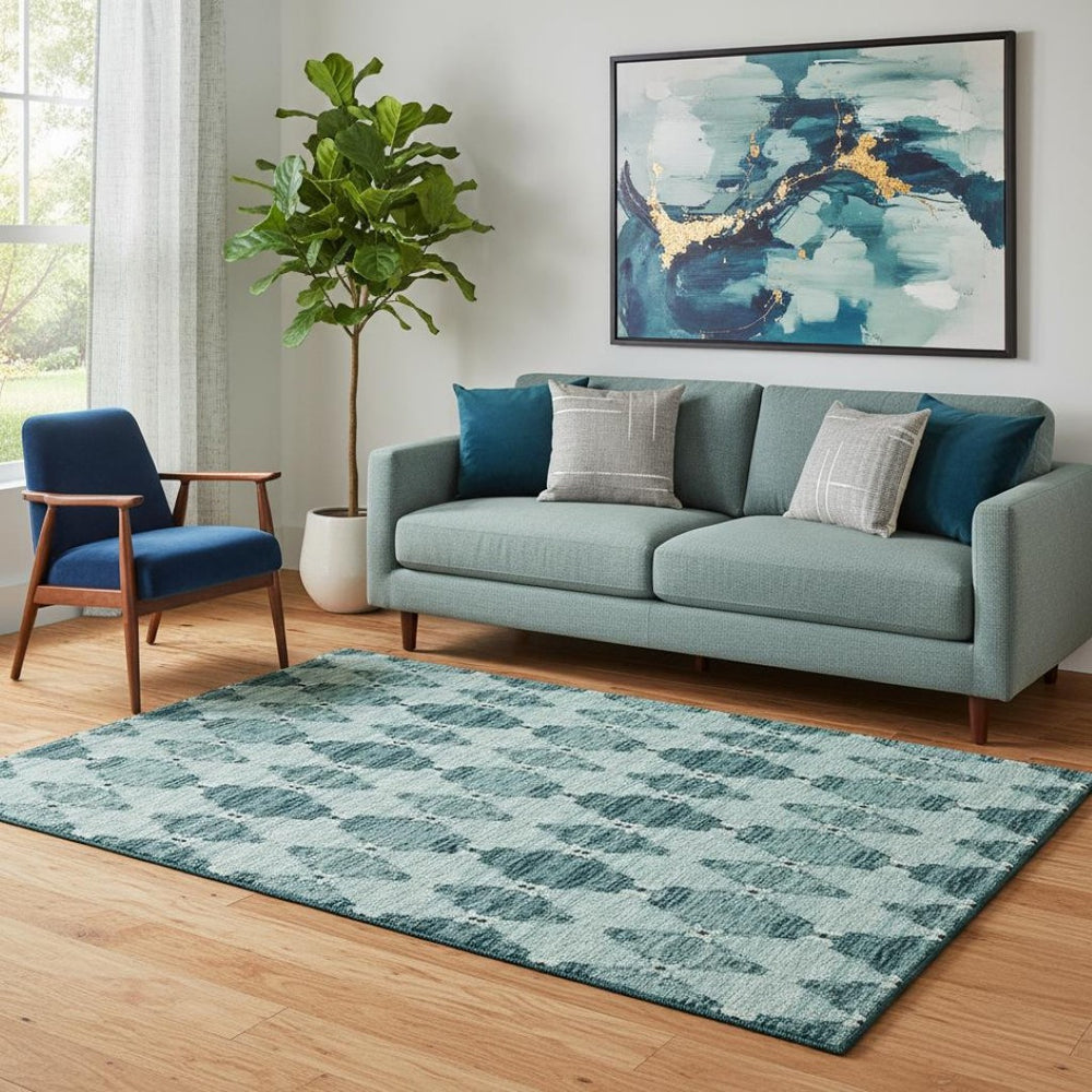HomeRoots 5' X 8' Teal & Ivory Moroccan Area Rug - Washable, UV-Resistant, Perfect for Homes with Kids & Pets 651156