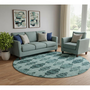 HomeRoots 8' Teal and Ivory Moroccan Round Rug - Washable, UV Protected, Stain Resistant, Ideal for Homes 651157