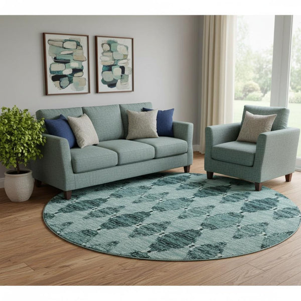 HomeRoots 8' Teal and Ivory Moroccan Round Rug - Washable, UV Protected, Stain Resistant, Ideal for Homes 651157
