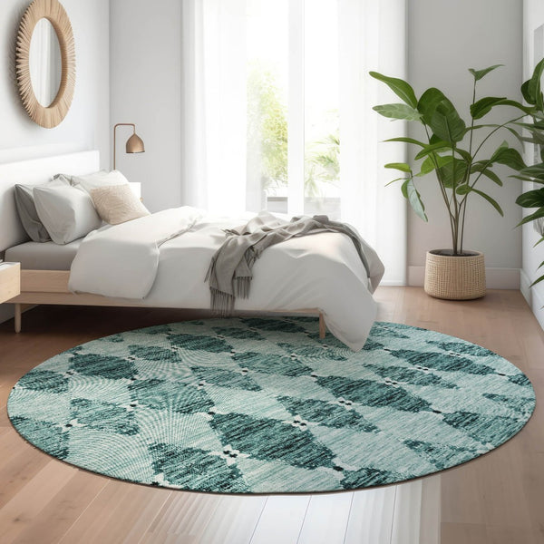 HomeRoots 8' Teal and Ivory Moroccan Round Rug - Washable, UV Protected, Stain Resistant, Ideal for Homes 651157