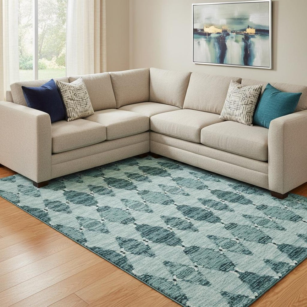 HomeRoots 8' X 10' Teal & Ivory Moroccan Area Rug – Soft, Stain Resistant, UV Protected for Active Homes! 651158
