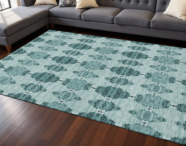HomeRoots 9' X 12' Teal and Ivory Moroccan Area Rug - Stylish, Washable, UV Protected, Perfect for Any Room! 651159