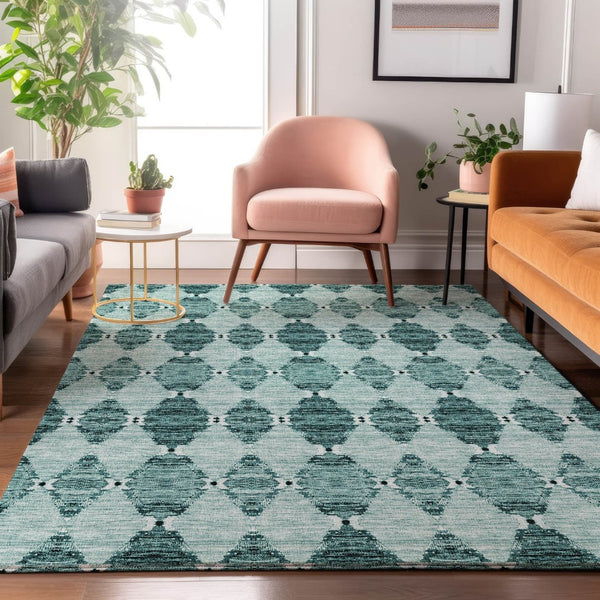 HomeRoots 9' X 12' Teal and Ivory Moroccan Area Rug - Stylish, Washable, UV Protected, Perfect for Any Room! 651159
