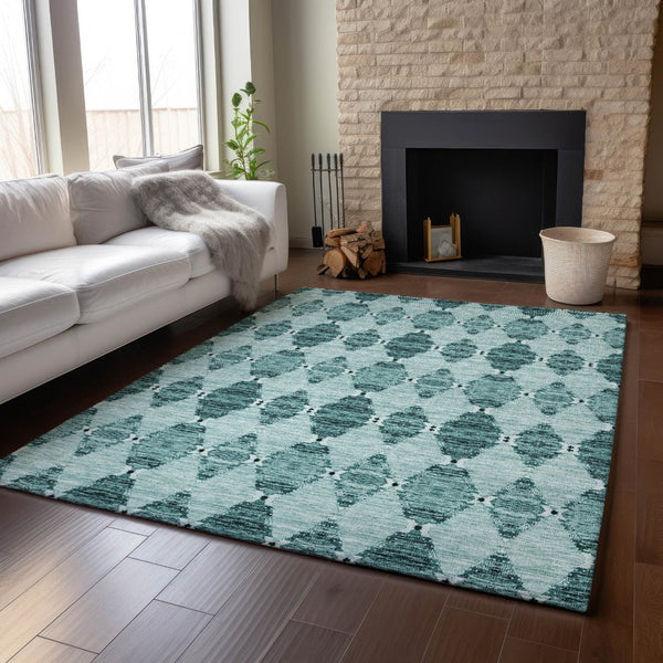 HomeRoots 9' X 12' Teal and Ivory Moroccan Area Rug - Stylish, Washable, UV Protected, Perfect for Any Room! 651159