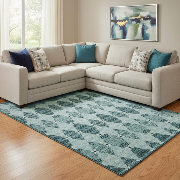 HomeRoots 10' X 14' Teal & Ivory Washable Moroccan Area Rug - Durable, Stylish, UV Protected for Busy Homes 651160