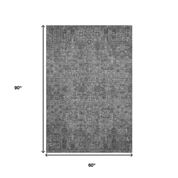HomeRoots 5' X 8' Charcoal & Silver Floral Washable Area Rug – Elegant, Durable Design with UV & Stain Protection 651168