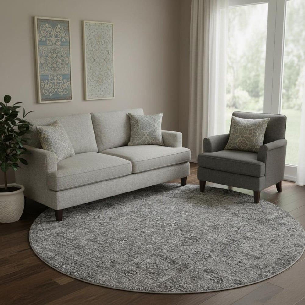 HomeRoots 8' Charcoal and Silver Floral Round Rug - Washable, UV Protected, Stain Resistant for Busy Homes 651169