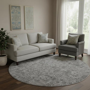 HomeRoots 8' Charcoal and Silver Floral Round Rug - Washable, UV Protected, Stain Resistant for Busy Homes 651169