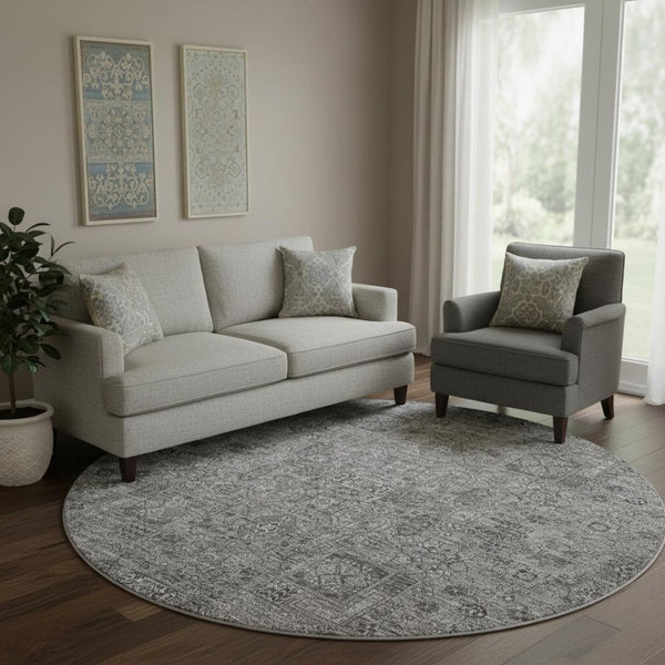 HomeRoots 8' Charcoal and Silver Floral Round Rug - Washable, UV Protected, Stain Resistant for Busy Homes 651169