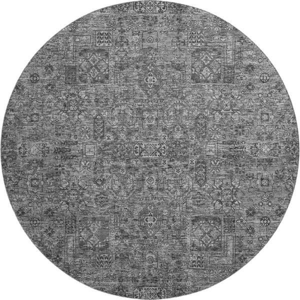 HomeRoots 8' Charcoal and Silver Floral Round Rug - Washable, UV Protected, Stain Resistant for Busy Homes 651169