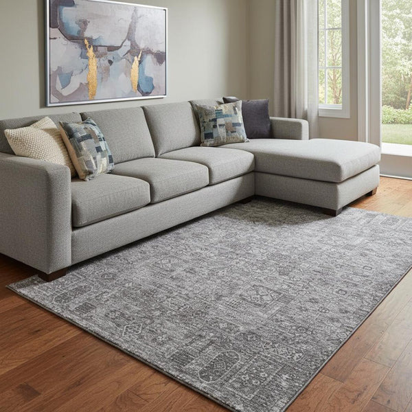 HomeRoots 8' X 10' Charcoal & Silver Floral Washable Area Rug - Stain Resistant, UV Protected, Easy Care Design 651170