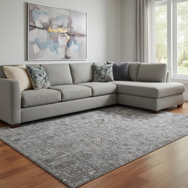 HomeRoots 9' X 12' Charcoal & Silver Floral Washable Area Rug - Durable, UV-Protected, Perfect for Busy Homes! 651171