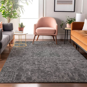 HomeRoots 9' X 12' Charcoal & Silver Floral Washable Area Rug - Durable, UV-Protected, Perfect for Busy Homes! 651171