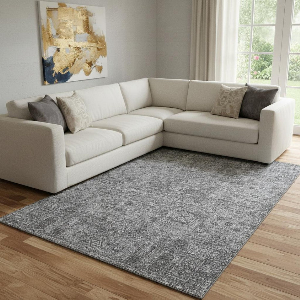 HomeRoots 10' X 14' Charcoal & Silver Floral Area Rug – Washable, UV-Protected, Stain-Resistant Design for Homes 651172