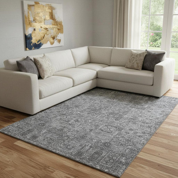 HomeRoots 10' X 14' Charcoal & Silver Floral Area Rug – Washable, UV-Protected, Stain-Resistant Design for Homes 651172