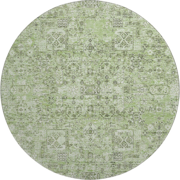 HomeRoots 8' Green and Ivory Floral Round Rug - Washable, UV Protected, Durable Design for Classic Homes 651175