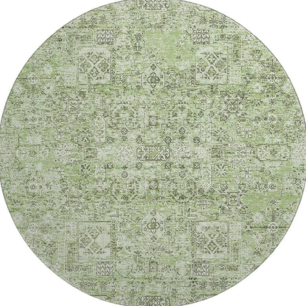 HomeRoots 8' Green and Ivory Floral Round Rug - Washable, UV Protected, Durable Design for Classic Homes 651175