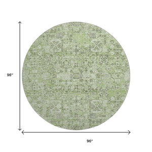 HomeRoots 8' Green and Ivory Floral Round Rug - Washable, UV Protected, Durable Design for Classic Homes 651175