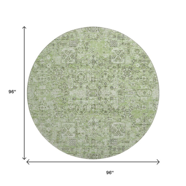 HomeRoots 8' Green and Ivory Floral Round Rug - Washable, UV Protected, Durable Design for Classic Homes 651175